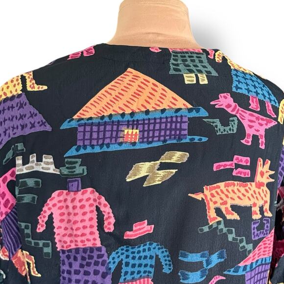 Vintage 90s Rayon Shirt Medium Colorful Yellow Tribal Abstract Animal Print - Picture 6 of 11